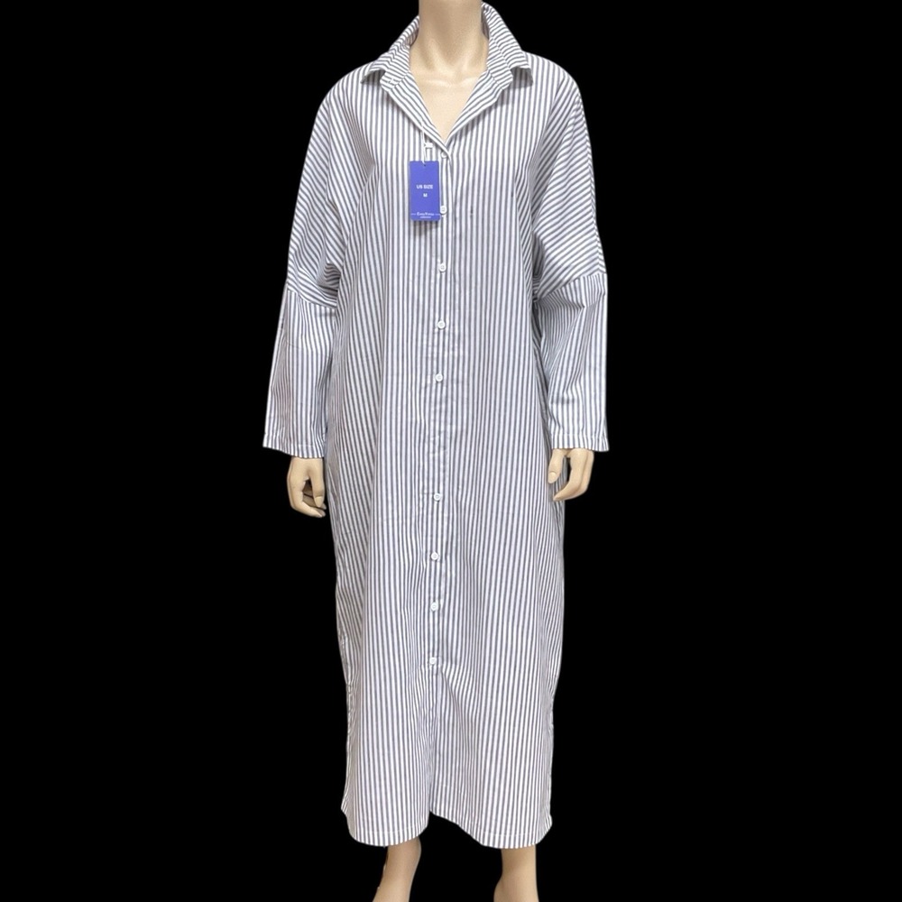 Chouyatou‎ Dress Women Medium Blue White Stripe Button Down Coastal NWT